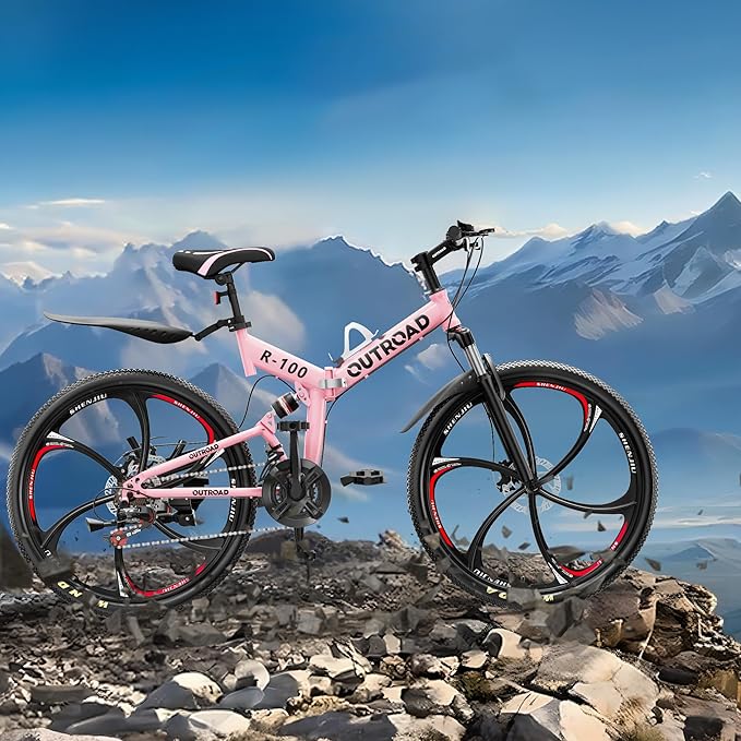Outroad Folding Mountain Bike Foldable/Unfoldable Bike 26 Inch for Adult, 21-Speed Dual Suspension High-Carbon Steel MTB Foldable Bicycle, Dual Disc Brake Folding Bikes for Women and Men
