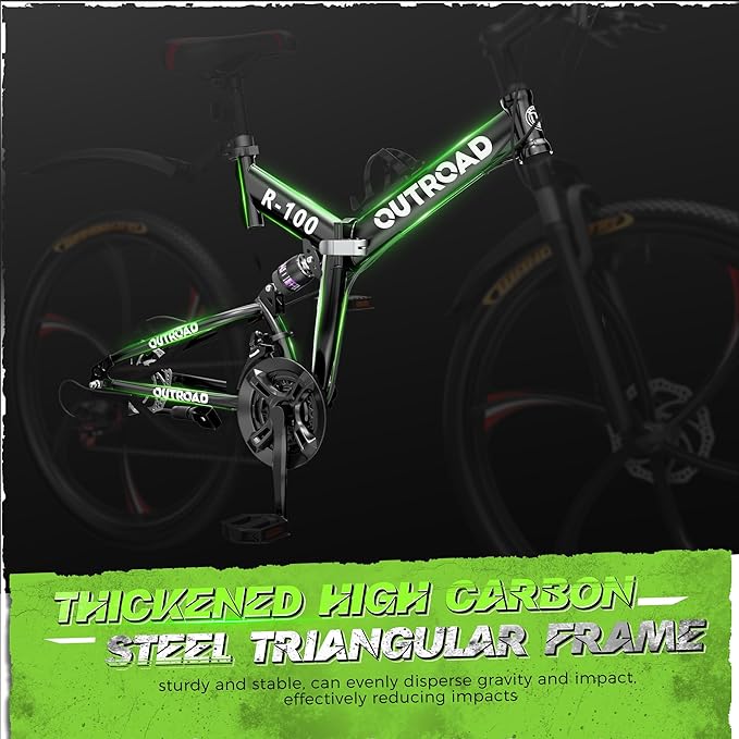 Outroad Folding Mountain Bike Foldable/Unfoldable Bike 26 Inch for Adult, 21-Speed Dual Suspension High-Carbon Steel MTB Foldable Bicycle, Dual Disc Brake Folding Bikes for Women and Men