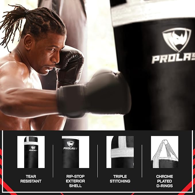 PROLAST Heavy Punching Kicking Bag for Adults, Boxing, MMA, Martial Arts, Muay Thai, Strength Training Equipment, Filled, 6ft, 150 lbs, Colored Trim Strap, Rhino Logo