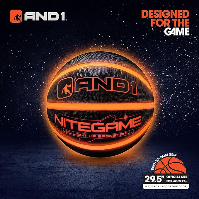 AND1 Nitegame LED Light Up Basketball - Impact Activated Glow in The Dark - Regulation Size 7 (29.5 inches), for Outdoor or Indoor, Sold Deflated, Comes in Black or Orange
