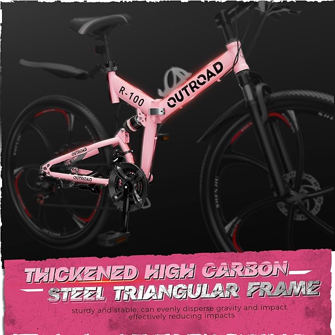 Outroad Folding Mountain Bike Foldable/Unfoldable Bike 26 Inch for Adult, 21-Speed Dual Suspension High-Carbon Steel MTB Foldable Bicycle, Dual Disc Brake Folding Bikes for Women and Men