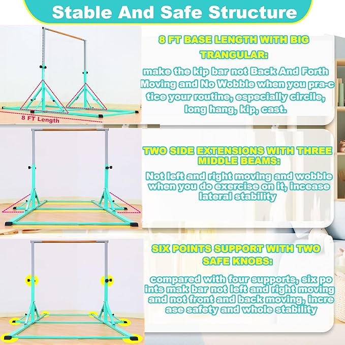 MARFULA Gymnastic Bar for Kid and Teenage Ages 3-25, 5 FT / 8 FT Base Length, 4 FT Width 5 FT Height, Gymnastic Kip Bar Horizontal Bar for Gymnast, Gymnastic Training Equipment for Home and Club Use