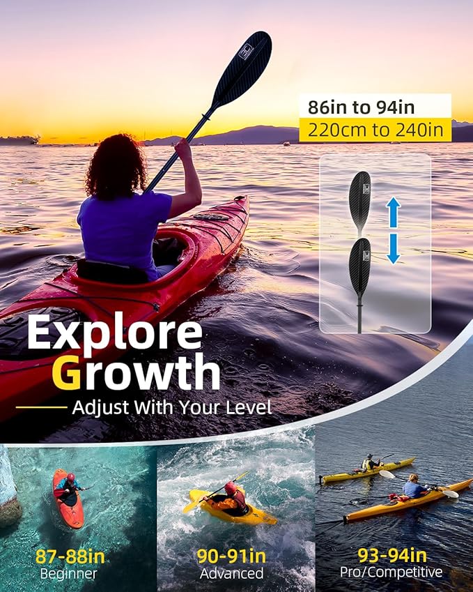 OCEANBROAD Adjustable Carbon Fiber Kayak Paddle 86in/220cm to 94in/240cm Kayaking Oar for Adults with Paddle Leash 1 Paddle