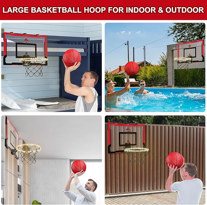 24" x 16" Large Basketball Hoop Indoor for Adults, Over The Door Basketball Hoop with Electronic Scoreboard/LED Rim, Big Basketball Toys Gifts Ideas for Man Kids Teens Boys Girls, Red