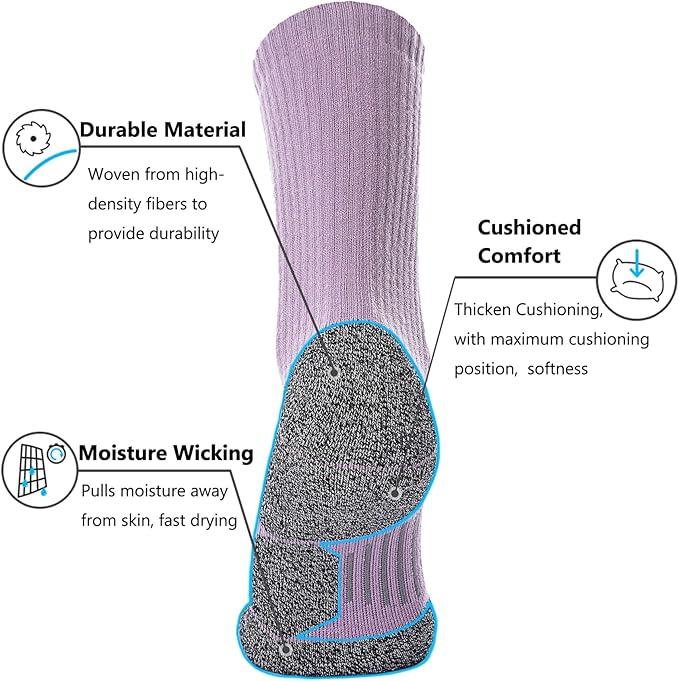 CWVLC Crew Hiking Socks, Cushion, Moisture Wicking, Arch Compression Boot Socks