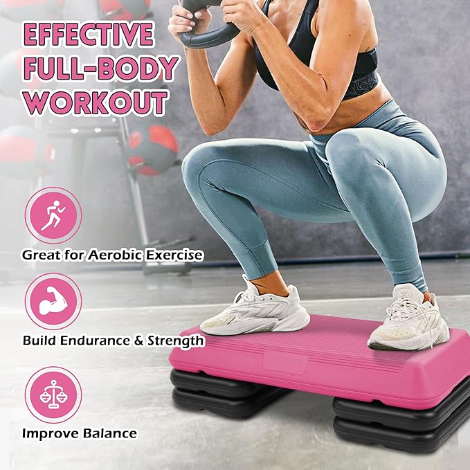 Fitvids Step Aerobic Platform, Exercise Step with 5 levels Adjustable Height, 4 Stackable Risers, Fitness Training Workout Stepper for Home Gym, Cardio Strength, Multiple Options