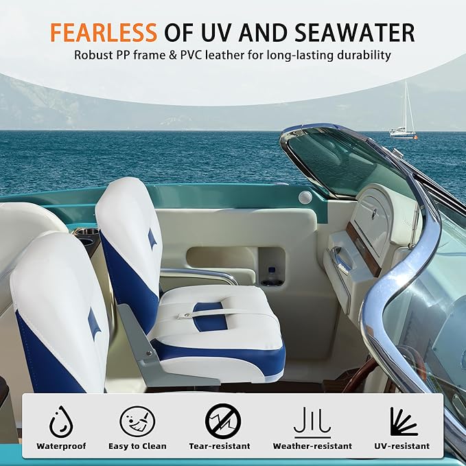 Boat Seats 2 Pack, Low Back Folding Bass Boat Seat for Fishing Jon Pontoon, White/Blue