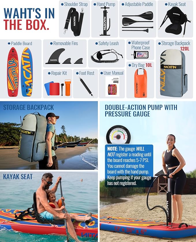 Inflatable Stand Up Paddle Board 12' with Kayak Seat & Dual Paddles – Premium SUP Board for Adults & Families Includes Kayak Conversion Kit, Pump, Leash & Accessories – Stable Wide Deck for Beginners