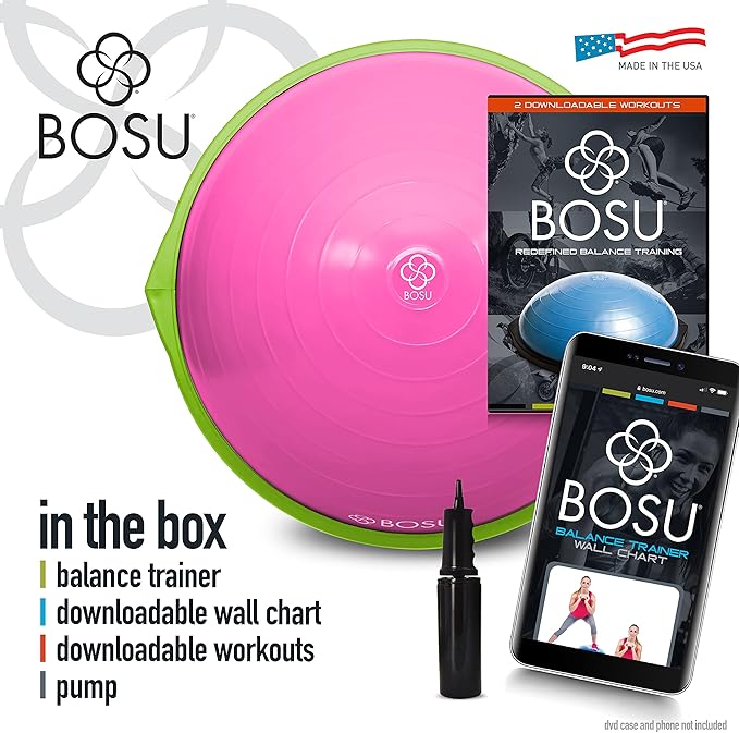 Bosu Balance Ball Exercise Trainer, Home Gym Equipment w/ Guided Workouts & Pump, 26", Blue - Inflatable Fitness Platform for Strength Training, Standing, Balancing, and Core Workout