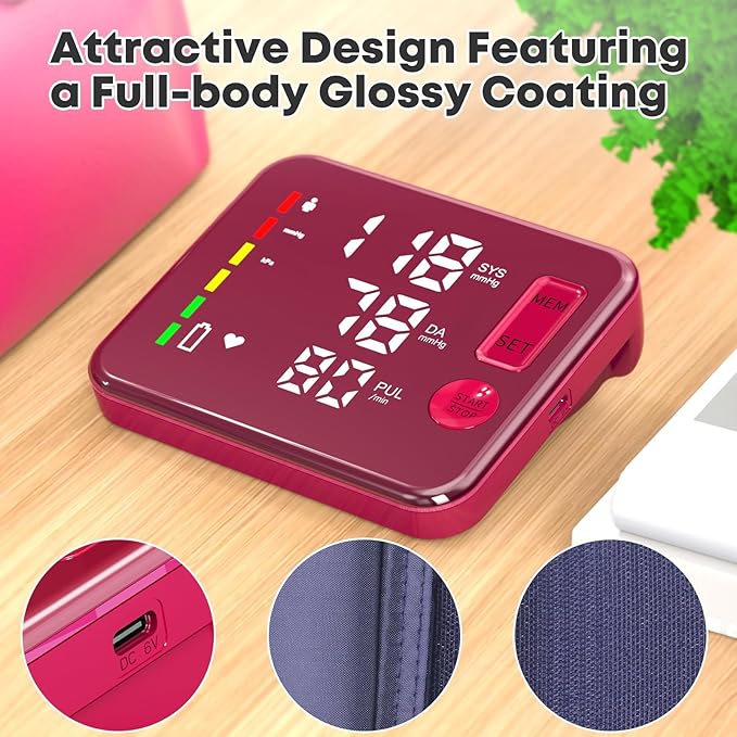 Blood Pressure Monitor Rechargeable Upper Arm Blood Pressure Monitors for Home Use Large Screen Bp Machine with 8.7"-16.5" Bp Cuff, 2x120 Memory, Voice Broadcast Bp Monitor(Red)