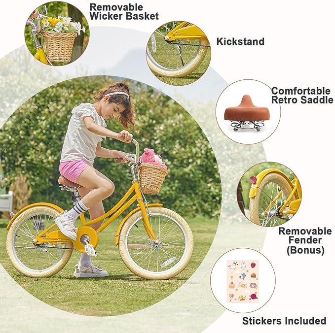 Glerc Little Molly 12-20 Inch Kids Retro Cruiser Bike for 2-13 Year Old with Wicker Basket & Training Wheels/Kickstand, Multiple Colors