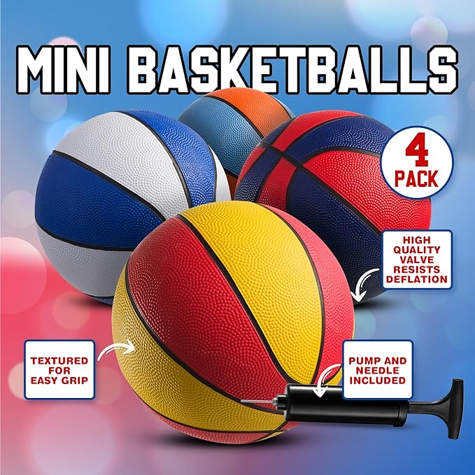 Rubber Mini Basketballs 7 Inch, Size 3 (Pack of 4) - Pool Basketball for Kids in Assorted Colors Indoor & Outdoor, Boys & Girls, for Small Hoops, Game Prizes, Arcade Games, with Pump