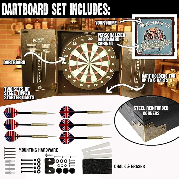 THOUSAND OAKS BARREL CO. | Personalized Dartboard & Cabinet Set with 6 Steel Tip Darts