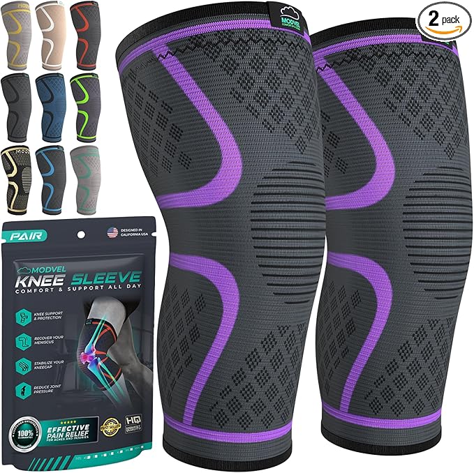 Modvel Compression Knee Brace for Women & Men - 2 Pack Knee Brace for Women Running Knee Pain, Knee Support Compression Sleeve, Workout Sports Knee Braces for Meniscus Tear ACL & Arthritis Pain Relief