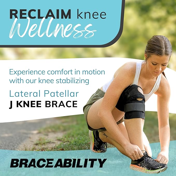 BraceAbility J Patella Knee Brace - Lateral Patellar Stabilizer with Medial and J-Lat Support Straps for Dislocation, Subluxation, Patellofemoral Pain, Left or Right Kneecap Tracking (2XL)