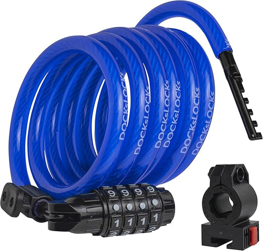 DockLocks Security Cable Lock Set (4' or 6') Coiled, Keyless Resettable Combination, Mounting Bracket, Portable and Compact for Bikes, Scooters 6ft