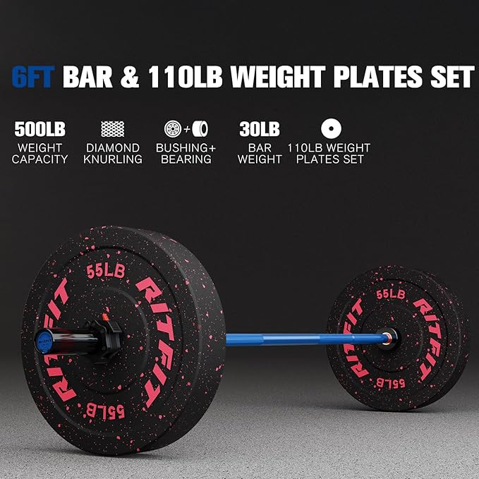 RitFit Barbell Weight Set - 4/6FT Olympic Barbell with Weight Plates (55-275LB Total) - Weightlifting Equipment for Squats, Curls, Deadlifts, Presses, Hip Thrusts