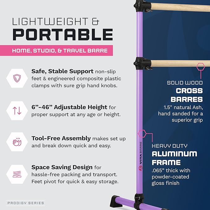 VITA Barre Portable Freestanding Double Ballet Barre, Prodigy, Wood | Adjustable Height, USA Made, Home or Gym Exercise Equipment for Kids & Adults | Dance, Fitness, Pilates
