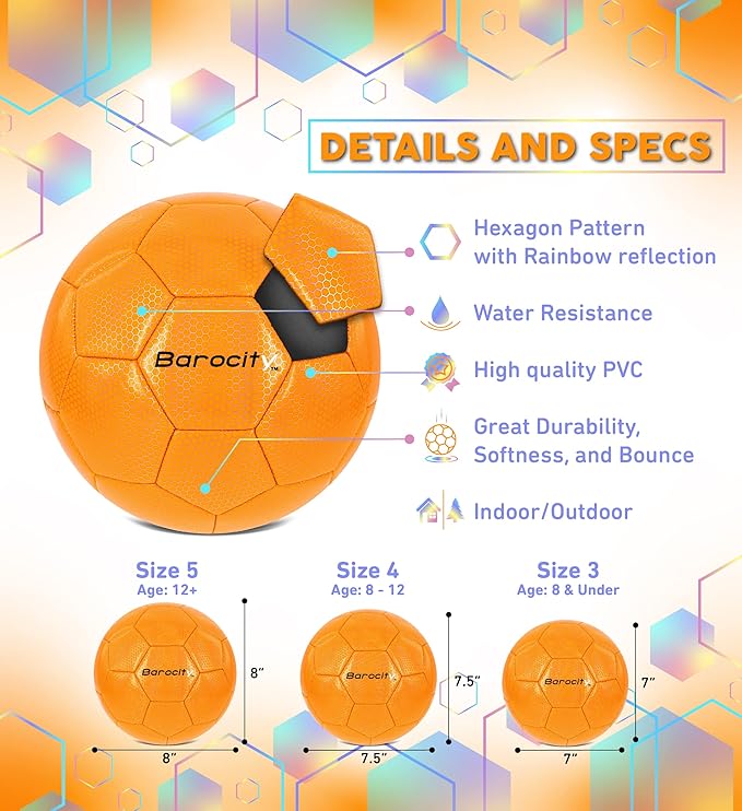 Soccer Ball - Premium Boy and Girl Official Match Ball with Cool Reflective Iridescent Rainbow Hex Pattern, Durable, Indoor, Outdoor, Training, Practice, Playtime and Games