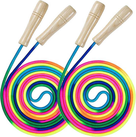2 PCS Long Jump Ropes, 16 FT Adjustable Skipping Rope for Kids, Double Dutch Jumping Ropes, Rainbow Jump Rope with Wooden Handle, Nylon Jumping Rope for Outdoor Fun, Party Game