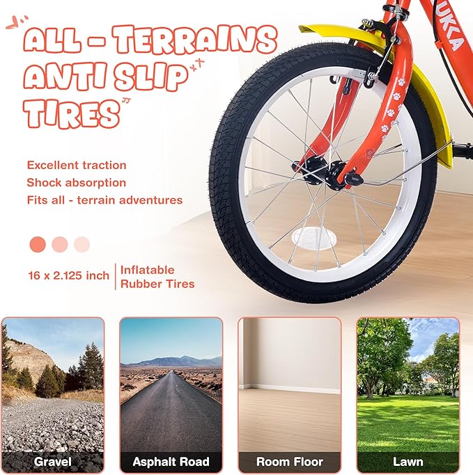 Kids Bike 16 inch Boys Girls Ages 4-7 Years Old Cruiser Bicycle with Woven Basket Single Speed for Youth Caliper Brake Band Brake Rear Rack Included Multiple Colors