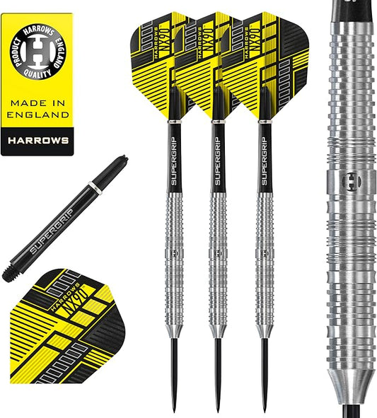 Harrows NX90 Bomb & Parallel Shape Darts Set I Professional Darts 90% Tungsten Steel Tip All Weights Pro Darts I 10pc Set with Black Supergrip Midi Shafts & NX90 Flights