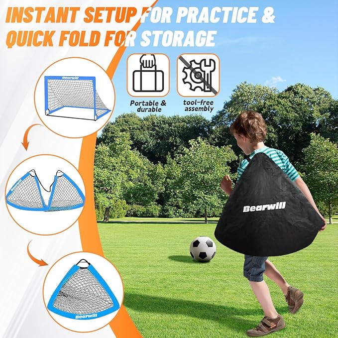 Soccer Goal, Kids Soccer Goals for Backyard Set of 2, 4x3ft Portable Soccer Goal Pop Up Soccer Net, Kids Soccer Net Training Equipment with Soccer Ball, Ladder, Cones, Targets
