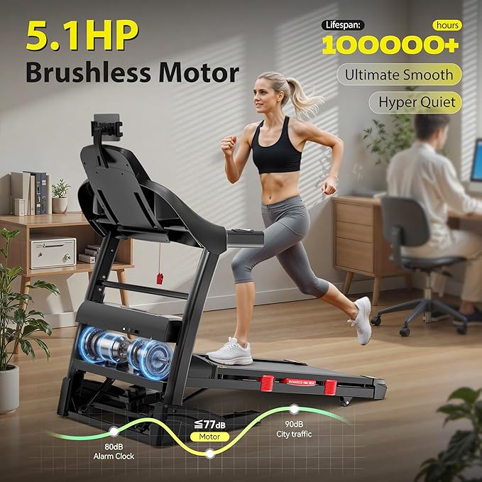 Running Treadmill for Home 400lbs Capacity, 5.1HP Folding Treadmill with 15% Auto Incline, Exercise Machine with Handle, App Scene Simulation, 18" Wide Deck, 0.6-10MPH, Included