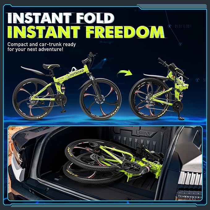 26 inch Folding Mountain Bike, Carbon Steel Frame and 21 Speed, Double Disc Brake and Dual Suspension Folding Bike for Adults/Men/Women, Easy Assembly Bicycle(Black/Green/Orange)