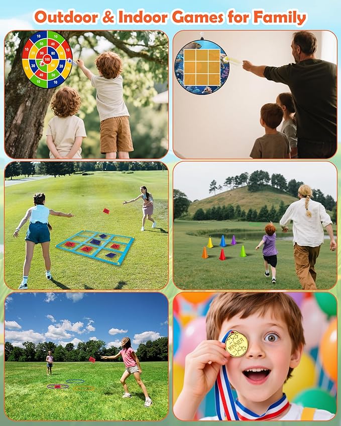 Carnival Games Set, Outdoor Giant Tic Tac Toe Games, Soft Plastic Cones Bean Bags Ring Toss Game Combo Set, 26" Dart Board with Sticky Balls for Kids Adults Family Indoor Lawn Yard Birthday Party
