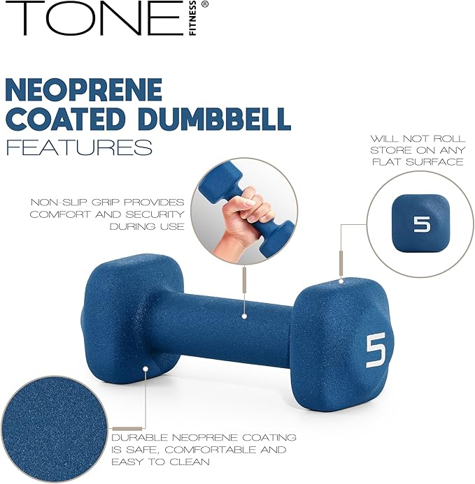 Tone Fitness Neoprene Dumbbell Set with Storage Rack – Non-Slip, Anti-Roll Hand Weights for Home Gym Workouts | 20 lb, 32 lb, & 50 lb Options