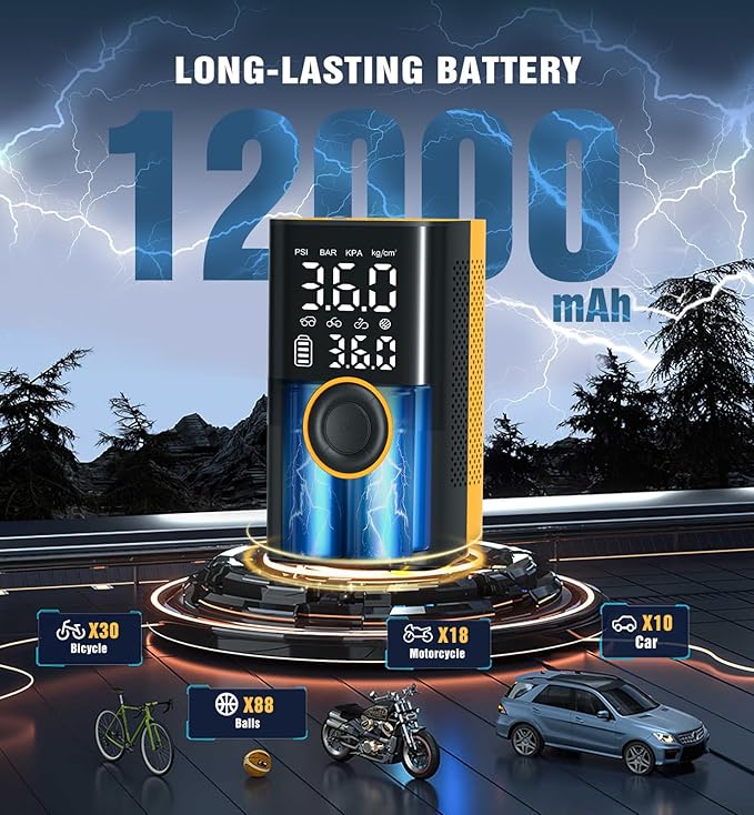Tire Inflator Portable Air Compressor Portable Cordless Mini Air Pump with Digital Pressure Gauge Inflater 150PSI Fast Inflation and Auto Shutoff Function Tires Pump for Cars Motorcycles Bikes(Yellow)