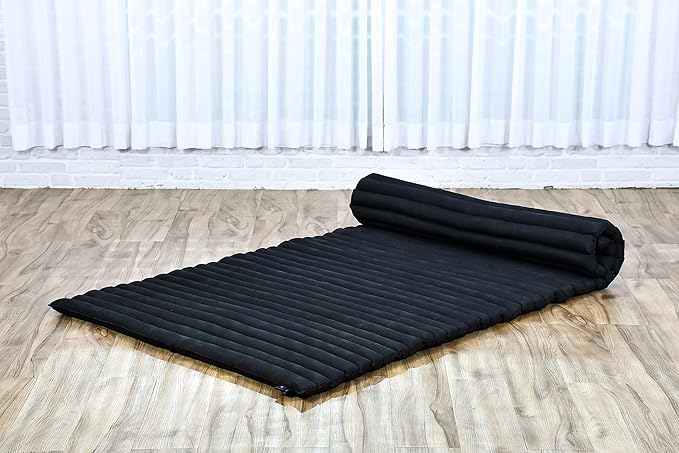 Leewadee - Kapok Roll Mat – Handcrafted Folding Sleep & Relaxation Mattress from Thailand, Ideal as Guest Bed, Camping Mat, Yoga Mat or Traditional Futon, 75 x 39 inches, Black