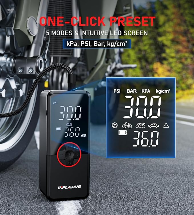 Tire Inflator Portable Air Compressor, Cordless Electric Bike Pump 150PSI Fast Inflation with LED Light, Pressure Gauge, and Deflation Mode, Portable Air Pump for Car Bike Motorcycle Ball