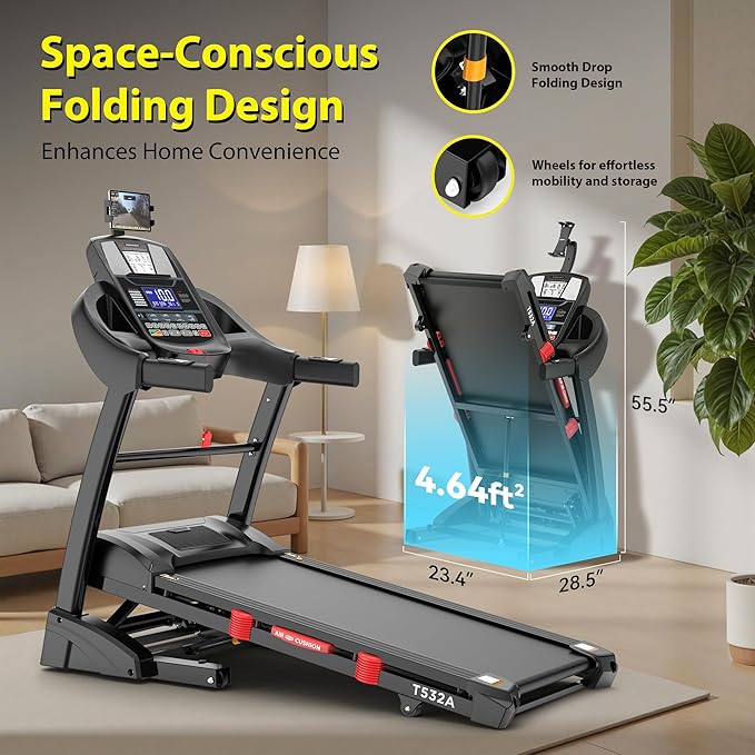 Running Treadmill for Home 400lbs Capacity, 5.1HP Folding Treadmill with 15% Auto Incline, Exercise Machine with Handle, App Scene Simulation, 18" Wide Deck, 0.6-10MPH, Included
