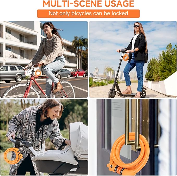 Bike Lock, 3.9 Feet 4-Digit Resettable Combination Password Anti-Theft Cable Lock, Cute Coiled Bike Lock with Mounting Bracket, Suitable for Bicycles, Electric Scooters, Ebikes (Orange-12mm)