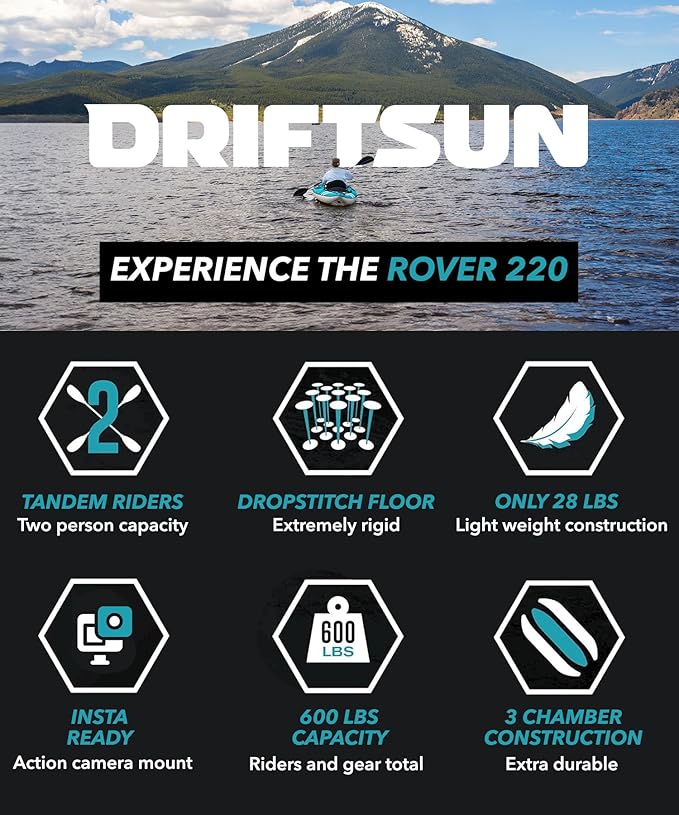 Driftsun Rover Inflatable Kayak - White Water Kayaks for 1 and 2 Person, High Pressure Dropstitch Floor Kayak for Adults with Padded Seats