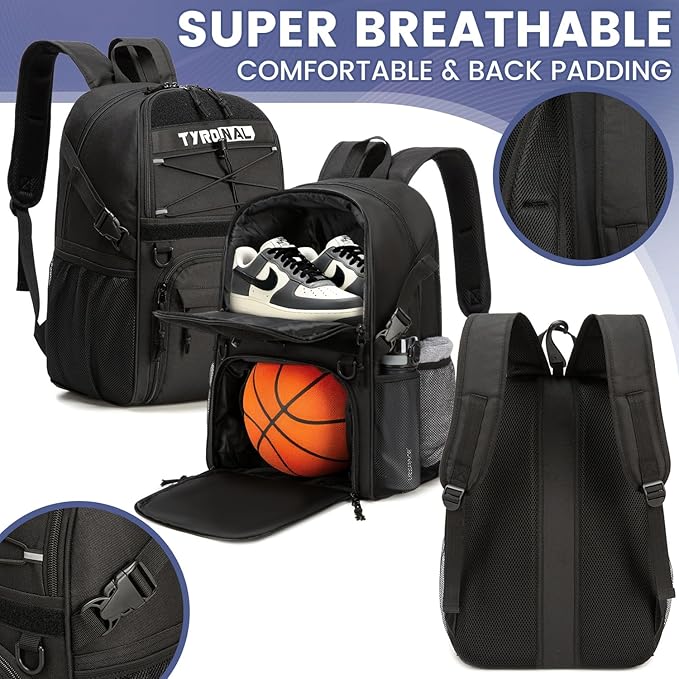 Basketball Bag Backpack with Ball Holder and Shoes Compartment,Best for Basketball, Soccer, Volleyball, Gym. (BLK)