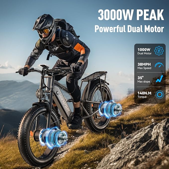 Dual Motor Electric Bike Peak 3000W, 52V 20AH Battery E Bike for Adults 26 Inch Fat Tire Mountain Electric Bicycle 38 MPH, Full Suspension Dual Hydraulic Disc Brake, Up to 90 Miles Range