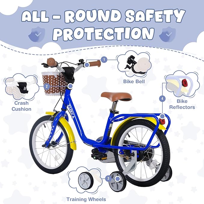 Kids Bike 16 inch Boys Girls Ages 4-7 Years Old Cruiser Bicycle with Woven Basket Single Speed for Youth Caliper Brake Band Brake Rear Rack Included Multiple Colors