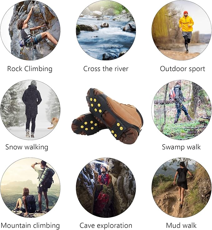 Ice Cleats for Shoes and Boots, Silicone Snow Grips, Stainless Steel Shoe Spikes, Traction Cleat Crampon for Walking on Snow, Ice Anti Slip Footwear