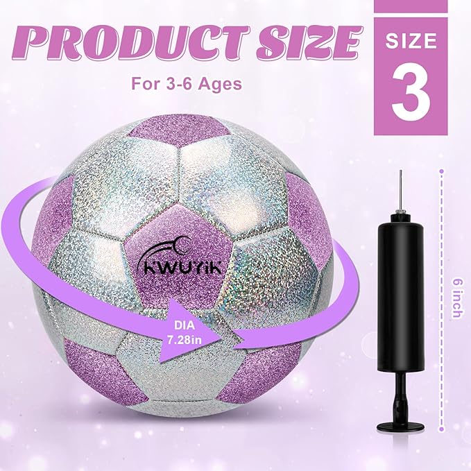 Soccer Ball Size 3 4 5 Glitter Pink Purple Silver with Pump Toddler Soccer Ball for Kids Aged 3-6 6-8 8-12 Outdoor Training Ball for Girls Boys Children Youth Teens