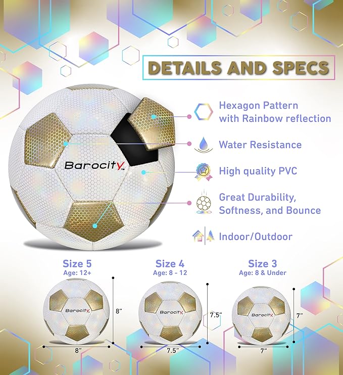 Soccer Ball - Premium Boy and Girl Official Match Ball with Cool Reflective Iridescent Rainbow Hex Pattern, Durable, Indoor, Outdoor, Training, Practice, Playtime and Games