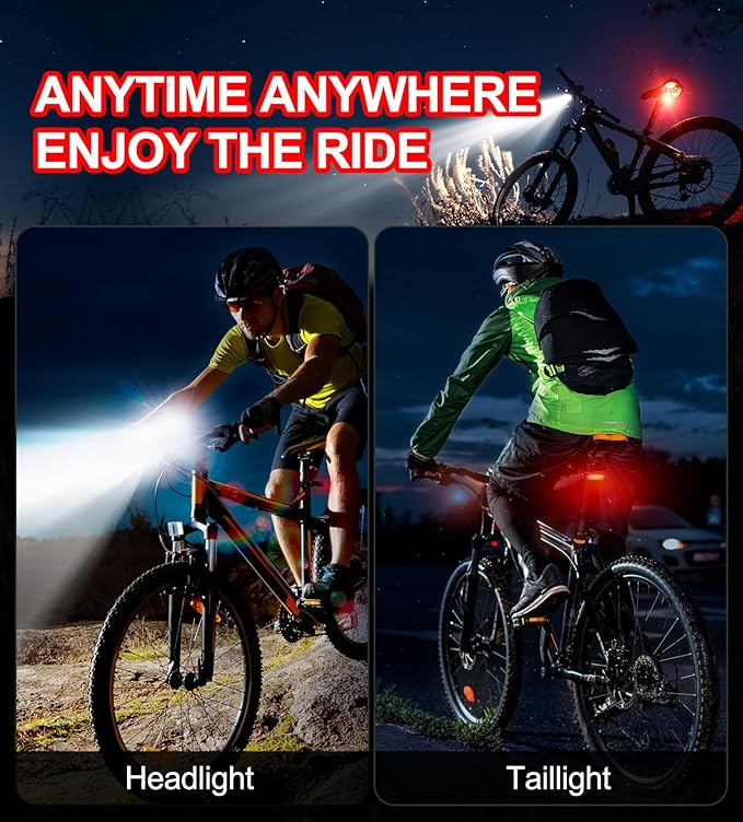 Bike Light Set USB Rechargeable - 5400mAh Bike Headlight & Taillight with Digital Display, 3 LED Super Bright 1600 Lumen 6 Lights Modes for All Bicycles, Road, Mountain, Night Riding