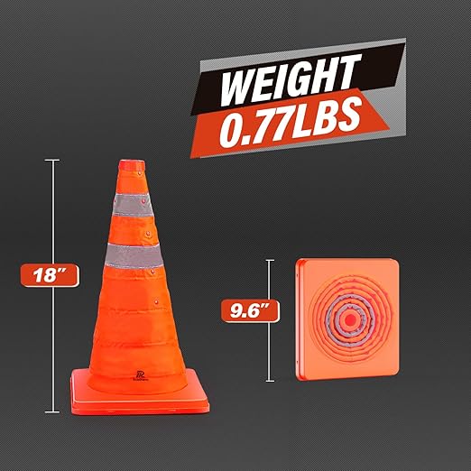 RoadHero 18 Inch 1 Pack Collapsible Traffic Safety Cones, Multi Purpose Pop-up Cones with Reflective Collar for Road Safety, Orange Cones for Driving Training, Parking Lots