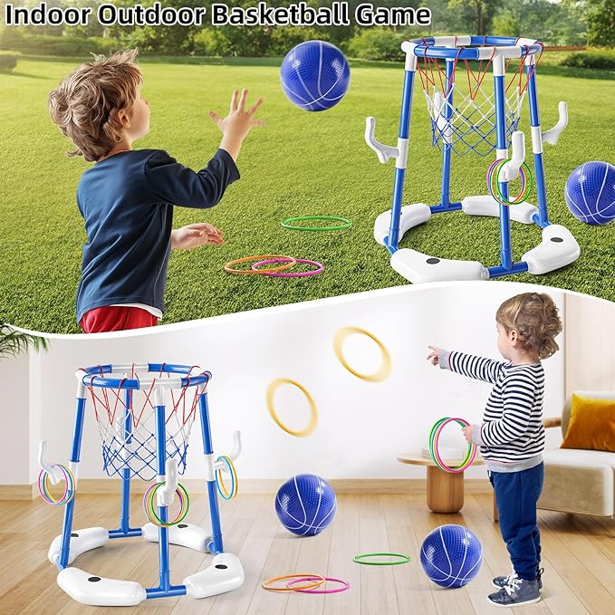Pool Basketball Hoop, 2-in-1 Floating Pool Toys Ring Game with 4 Balls and Pump, Outdoor Swimming Pool Basketball Games Water Play Toy Family Party for Kids Adults Age 3-12 (Blue)