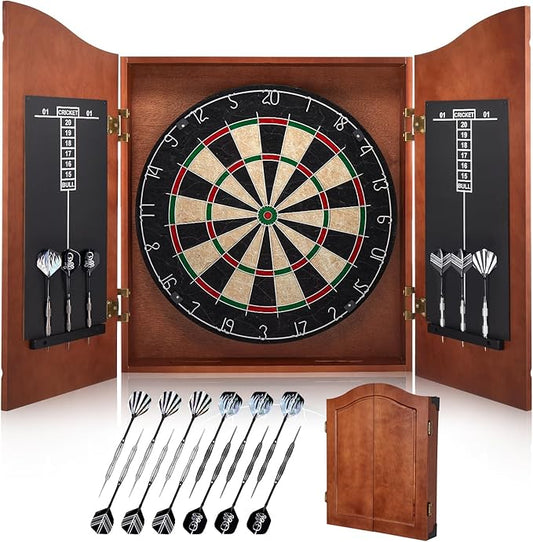 Sisal Dart Board Cabinet Sets, Decorative Dart Boards for Adults [12*Steel Darts] - Wooden Dartboard Cabinet with Integrated Scoreboard for Family Game Rooms