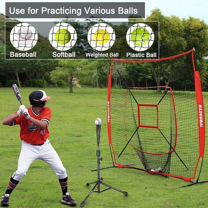 7'×7' Baseball Softball Practice Net,Baseball Backstop,with Batting Tee,for Hitting Pitching Batting Catching with Bow Frame,Bonus Strike Zone