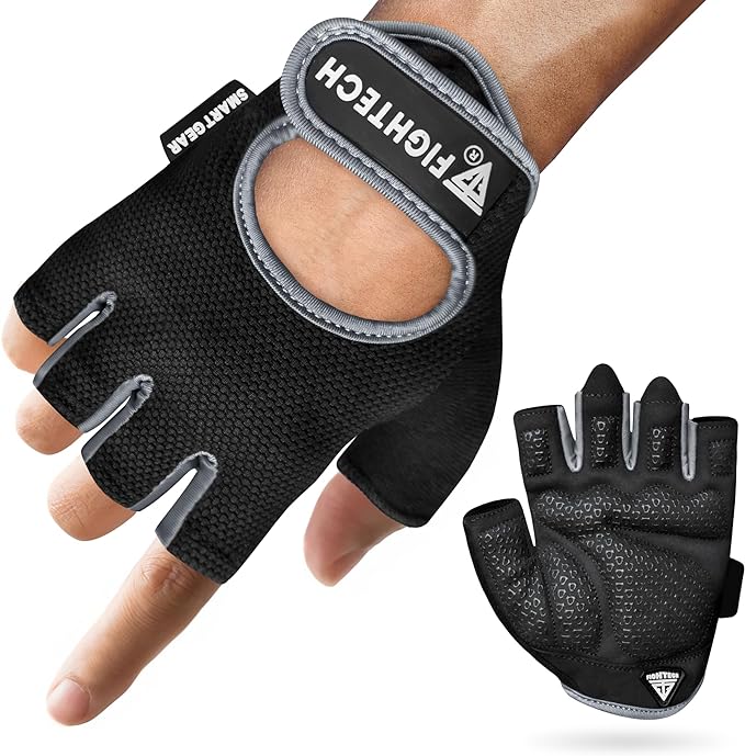 FIGHTECH Workout Gloves for Men and Women, Fingerless Weight Lifting Gloves with Cushioned Palms, Gym Gloves for Exercise Fitness Training Climbing Cycling, Breathable and Lightweight