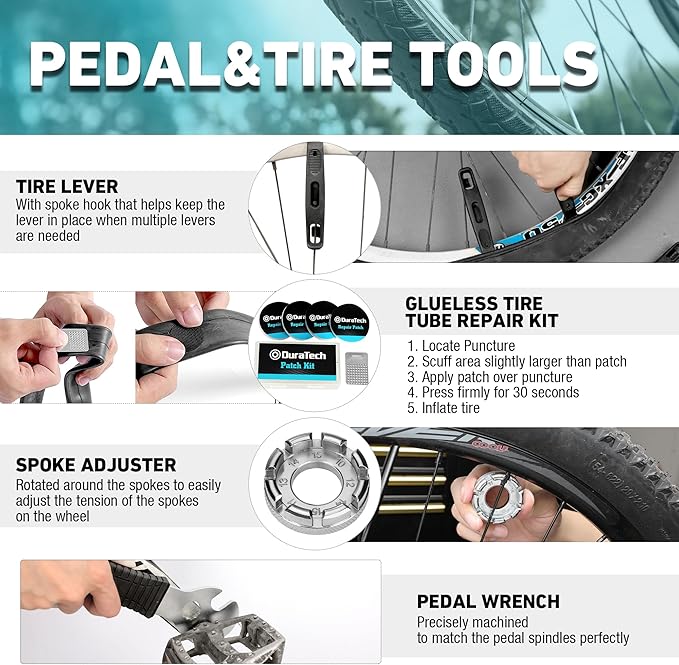 DURATECH 41 Pieces Bike Repair Tools, Complete Bike Tools Kit with Storage Box, Mountain Bike Maintenance Tools, for Mountain, Road, and Park Bicycle with Chain Riveter, Tire Levers, Crank Puller